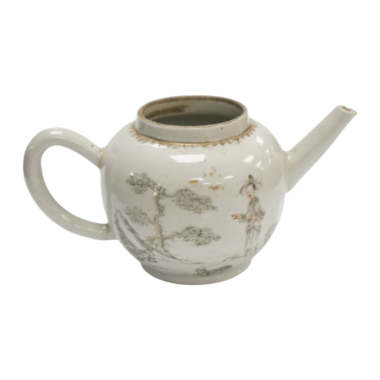 A mid 18th century Chinese ‘European subject’ teapot, lacking cover, 9cm tall. Condition - handle re-attached